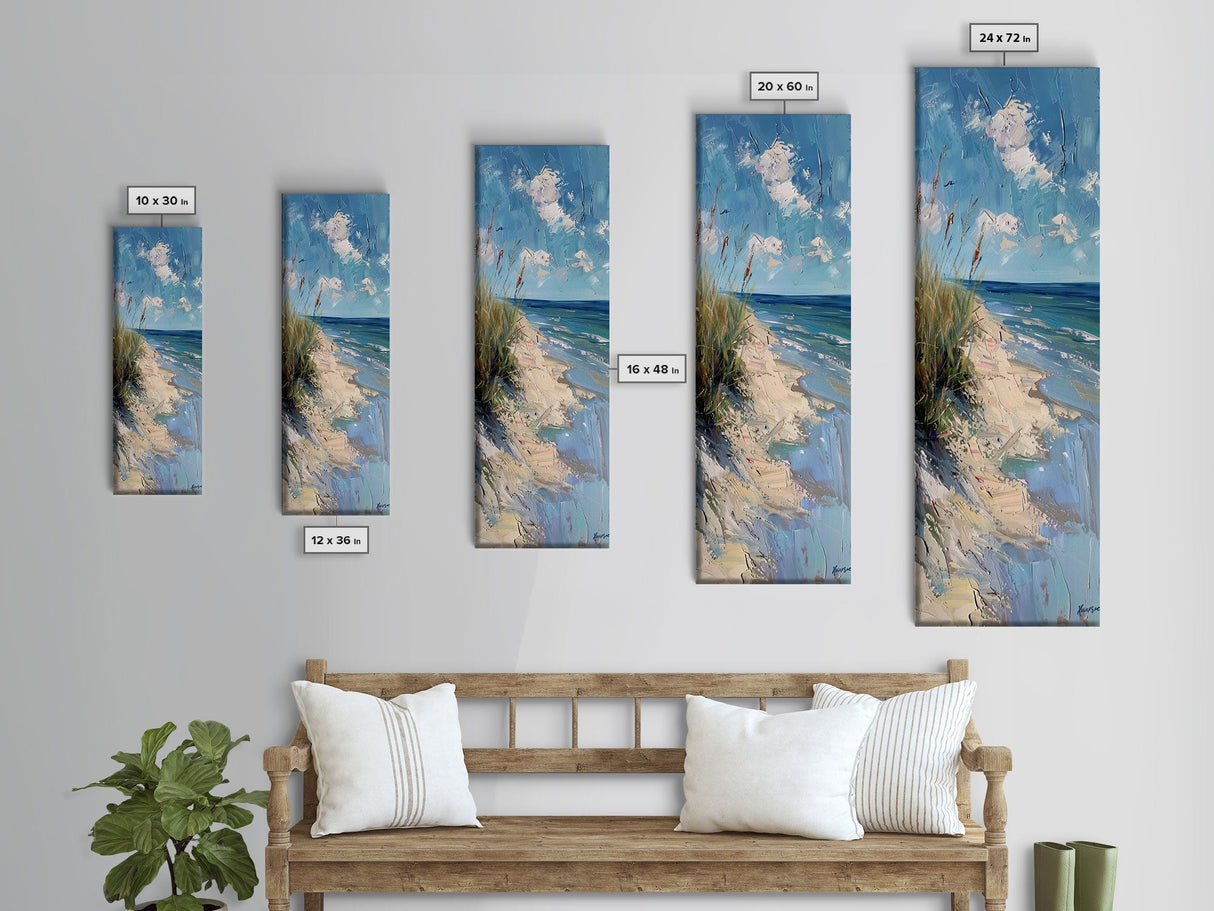 Framed Canvas Print Skinny Art of a Peaceful Beach Scene with Sea Oats Blowing in the Wind and Gentle Waves in the Background, Perfect Tall Art for Homes