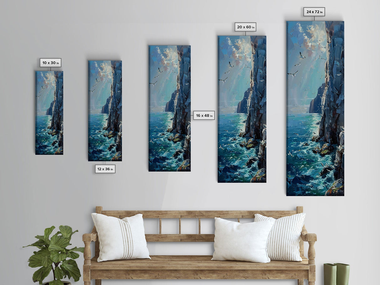 Seagulls Over The Ocean Cliffs, Framed Canvas Print, Beach House Wall Art, Lake House Decor, Seascapes Painting Print