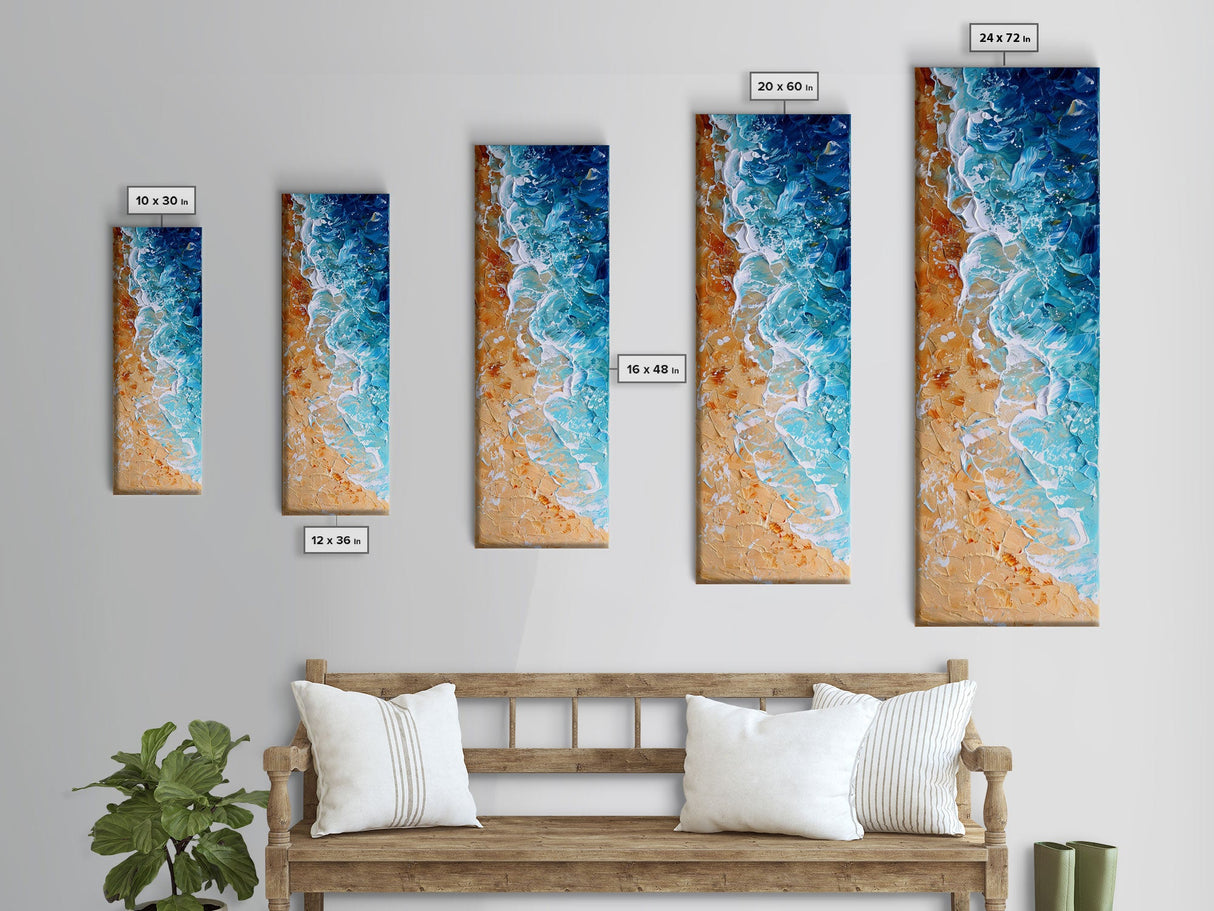 Abstract Coastal Waves And Sandy Beach, Rustic Farmhouse Art With Boho Elements, Tall Canvas Print For Modern Wall Decor