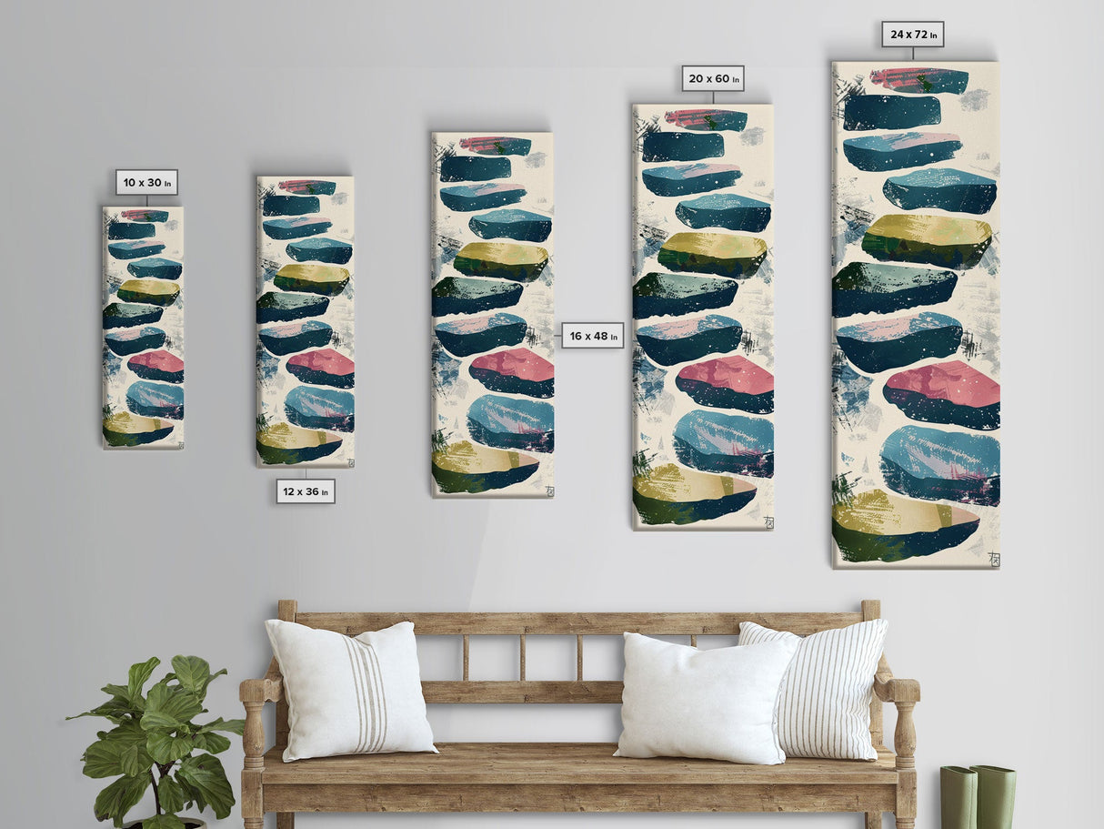 Skinny Art Tall Art Framed Canvas Print Abstract Stepping Stones In Varied Colors Over A Neutral Background Ukiyo-e Japanese Style Art