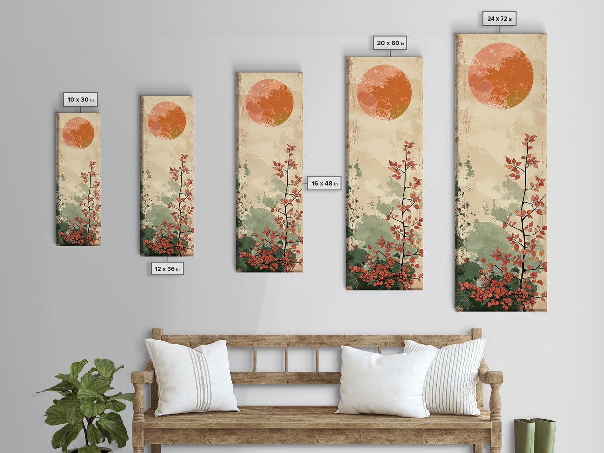 Abstract Sun Over Branch With Red Leaves Framed Canvas Print Ukiyo-e Wall Art Tall Art Wood Block Print Skinny Art Japanese Style