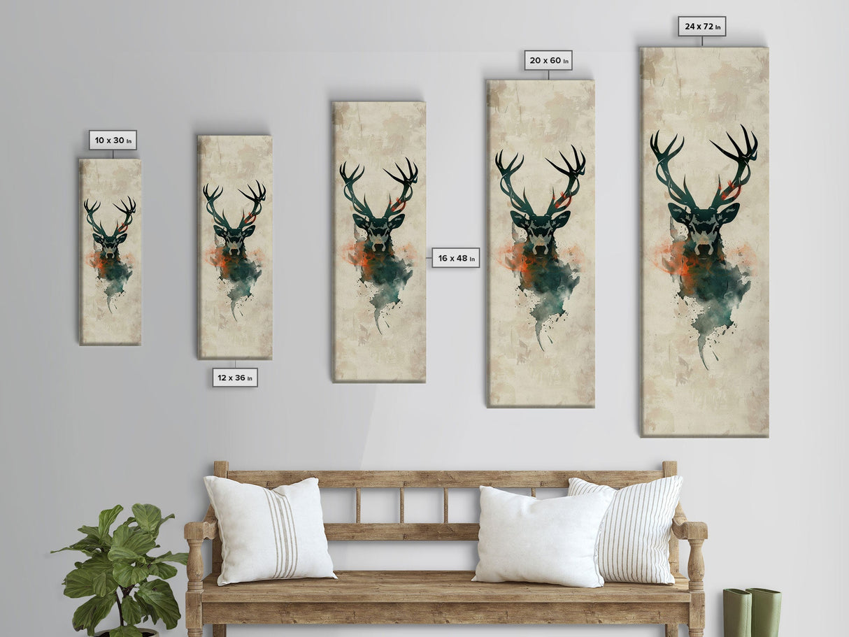 Stag Silhouette Japanese Style Tall Wall Art Skinny Framed Canvas Print Abstract Background