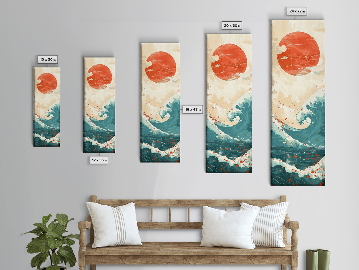 Red Sun and Ocean Waves Skinny Wall Art Framed Canvas Print in Cream and Teal Tones with Red Splashes Japanese Art