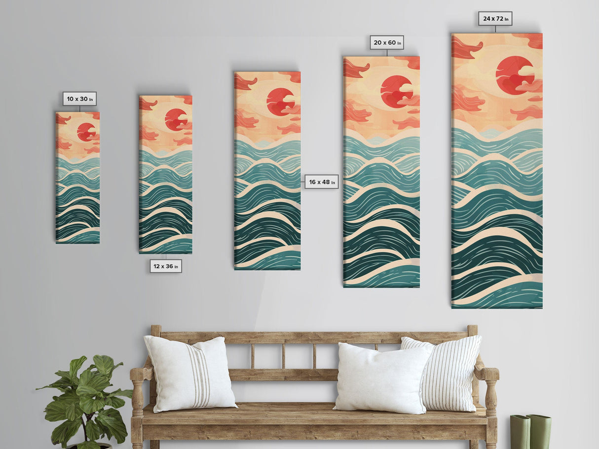 Ocean Waves and Red Sun Japanese Art Skinny Wall Art Framed Canvas Print in Minimalist Style with Dynamic Flowing Waves