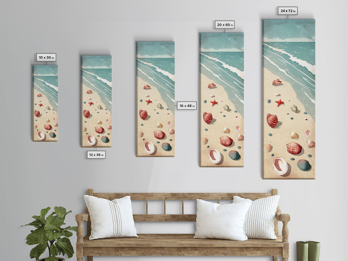 Japanese Style Art Featuring A Serene Beach Scene With Seashells And Gentle Waves, Skinny Art, Tall Art, Ukiyo-e Art, Framed Canvas Print, Wood Block Print