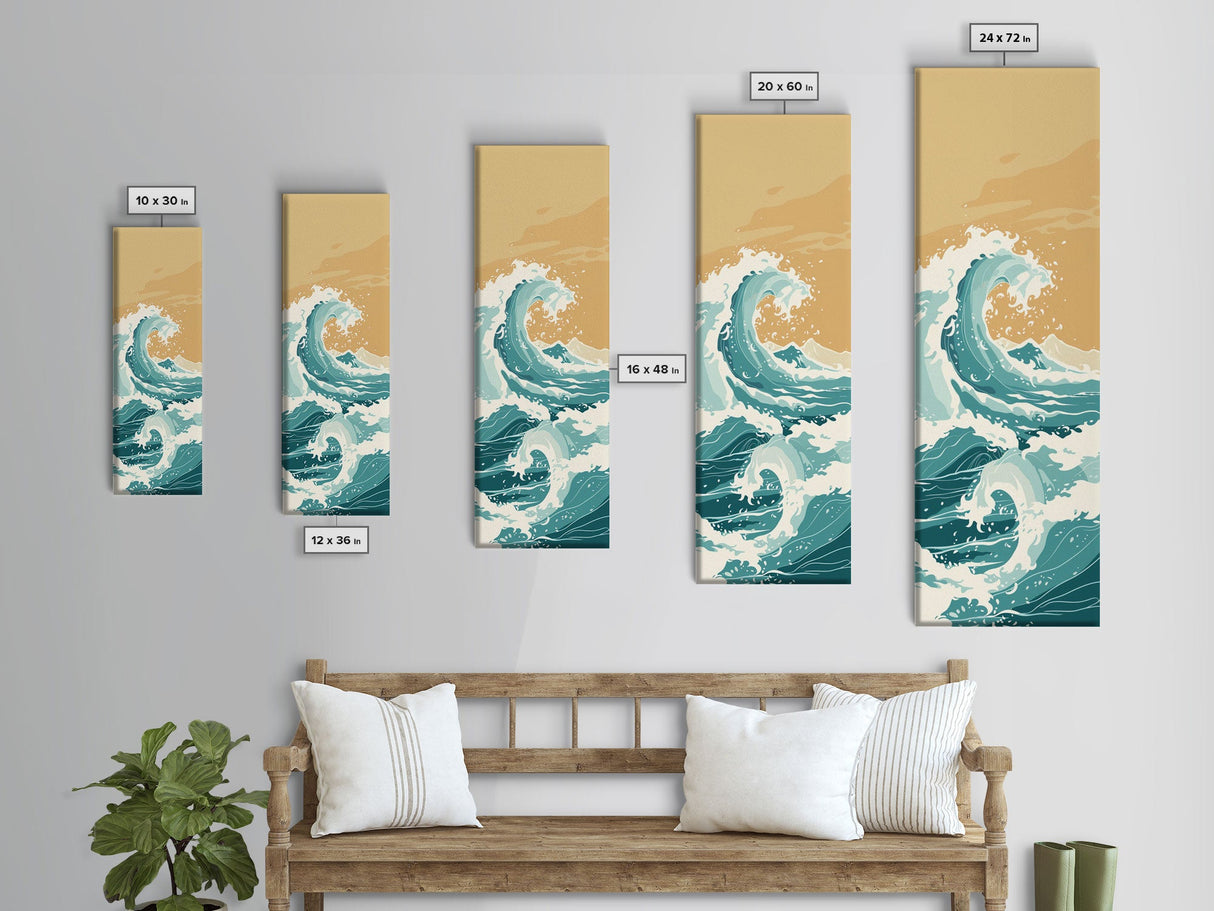 Majestic Ocean Wave In A Minimalist Style – Framed Canvas Print With Skinny Art And Tall Art Featuring Ukiyo-E Art And Japanese Style Art