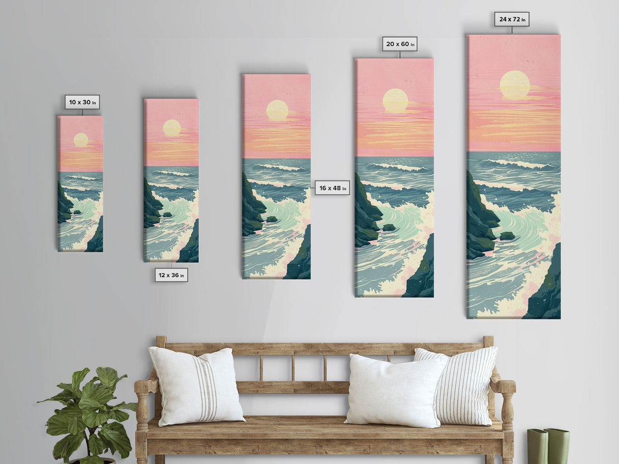 Tranquil Ocean Sunset with Soft Waves Crashing against Rocky Shoreline - Skinny Art, Japanese Wall Decor, Framed Canvas Print, Ukiyo-e Style