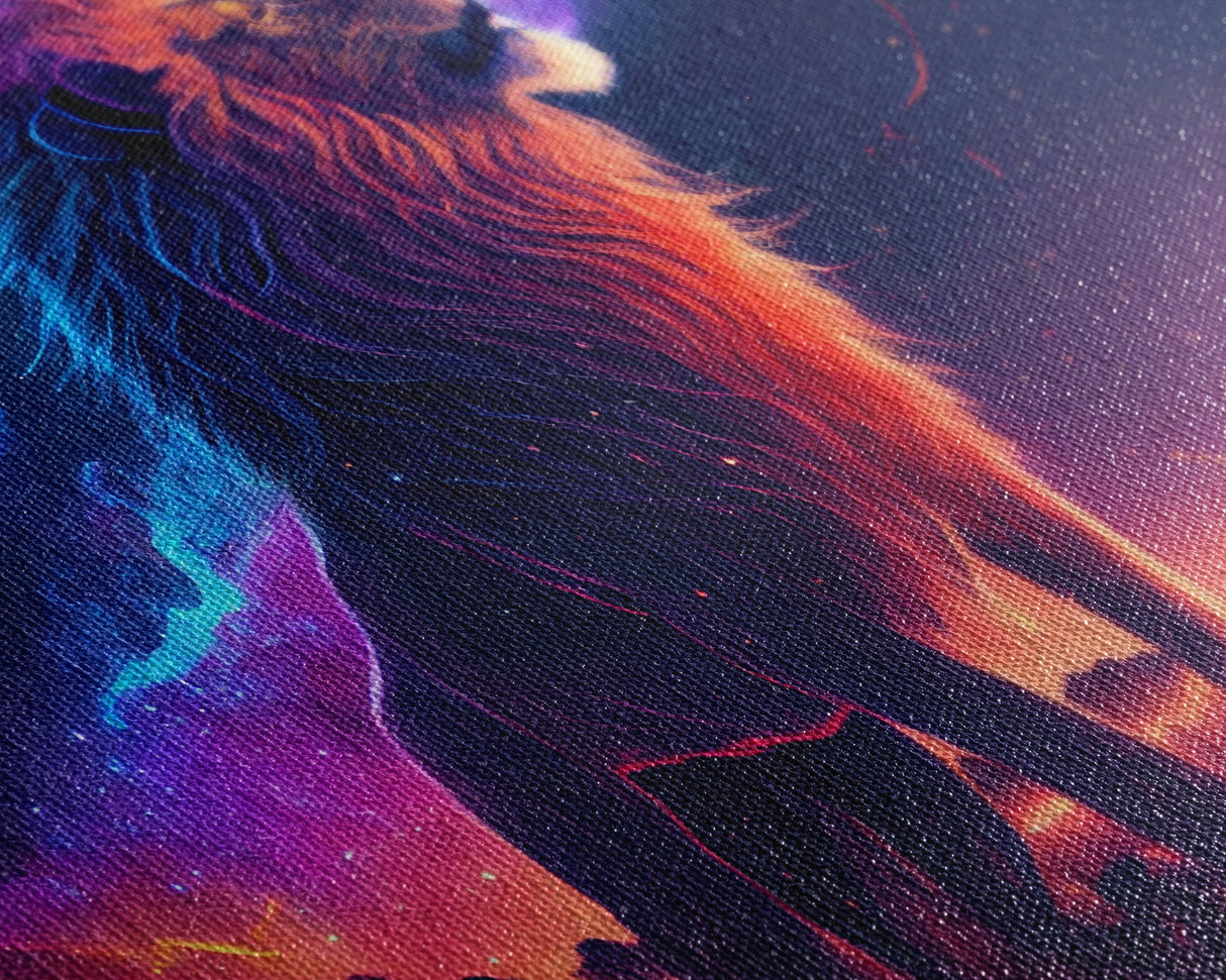 The Lion and the Galaxy, unique vibrant synthwave wall art, framed canvas print, animal lion print