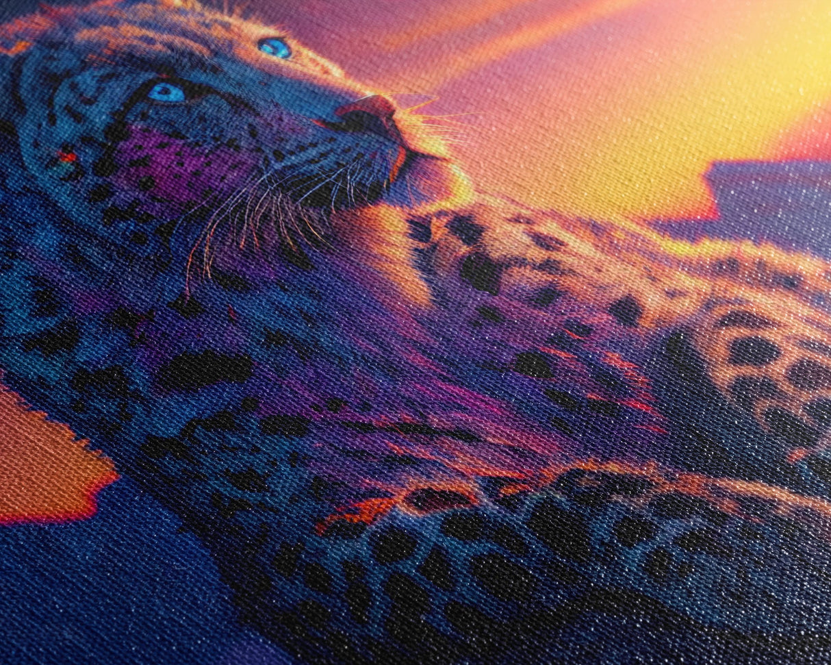 Portrait of a leopard at sunset, vaporwave art, framed canvas print, framed wall art, animal prints