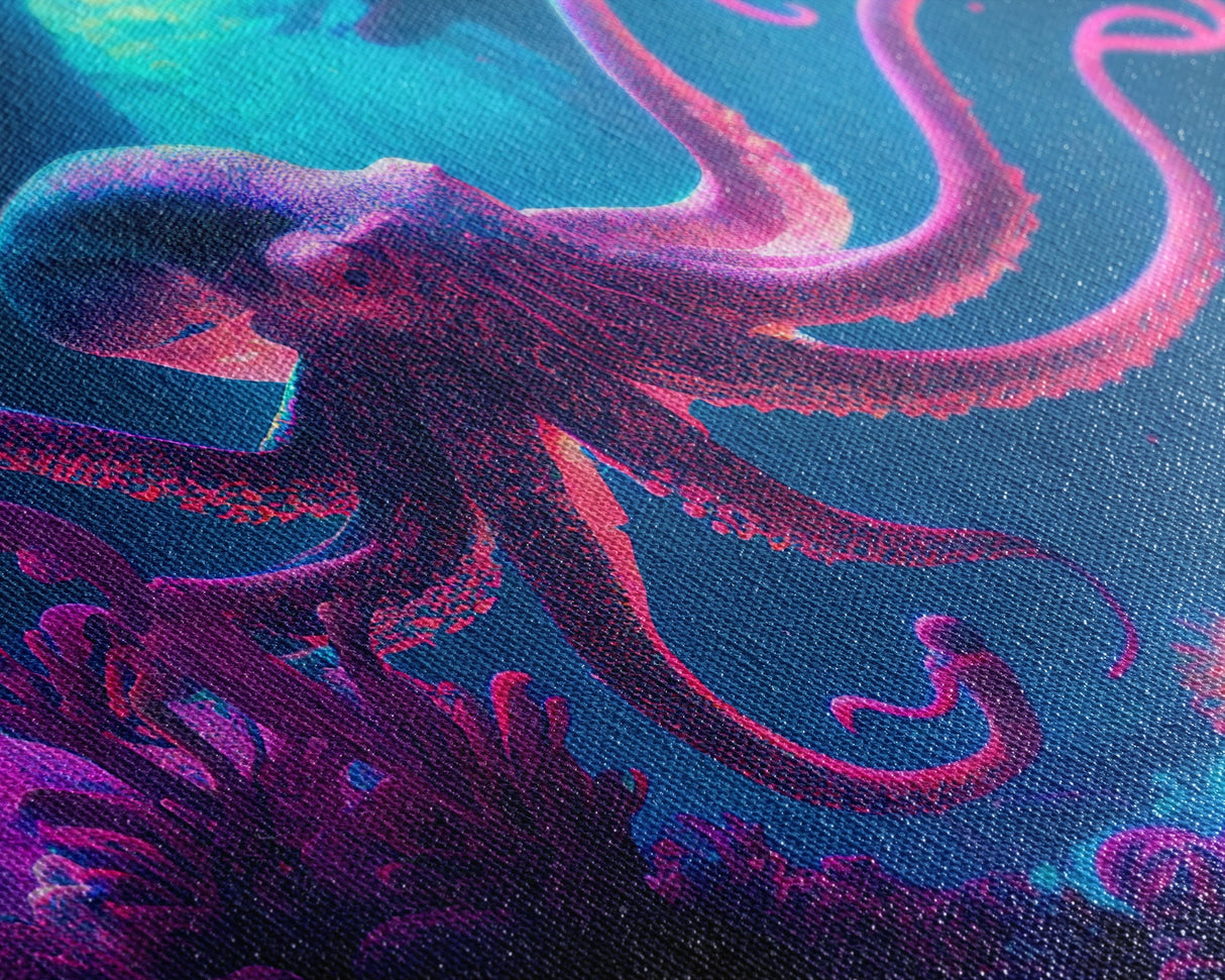 Pink Octopus, Ocean art, aquarium art, framed canvas print, vaporwave pastel art