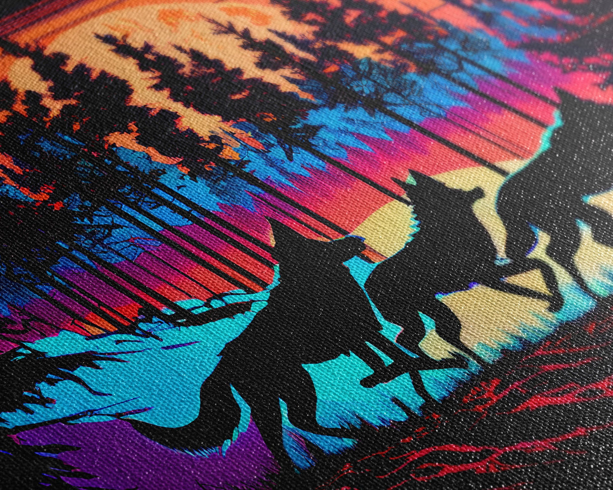 Wolves on the hunt at sunset, synthwave animal art, framed canvas print, vaporwave aesthetic animal art