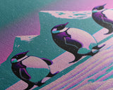 Retrowave Penguins in the Arctic, synthwave style wall art, Antarctica art, framed canvas print, cute animal prints