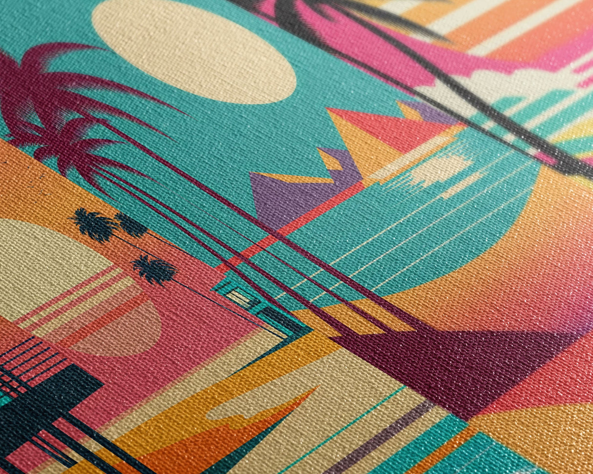 Midcentury / At Deco / Vaporwave mashup, Palm Trees & Beach Art, Framed Canvas Prints, 3 Panel Triptych Art, 80s Vibes