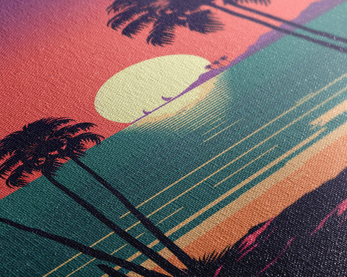 Framed Canvas Print - Art Deco Sunset, Palm Trees, Synthwave Vibes, Beach Decor, Vaporwave Pink Art, Miami Vibes