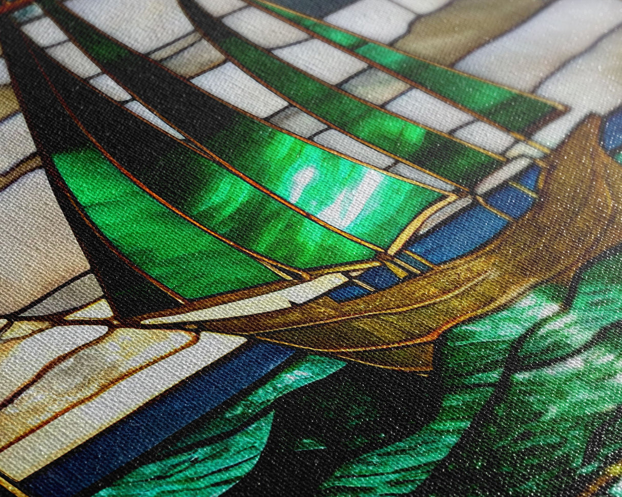 Panoramic Art Deco Sail Boat, Stained Glass, Early 20s Style Art, Roarin' 20s Art, Nautical Theme Framed Canvas Print, Extra Large Art