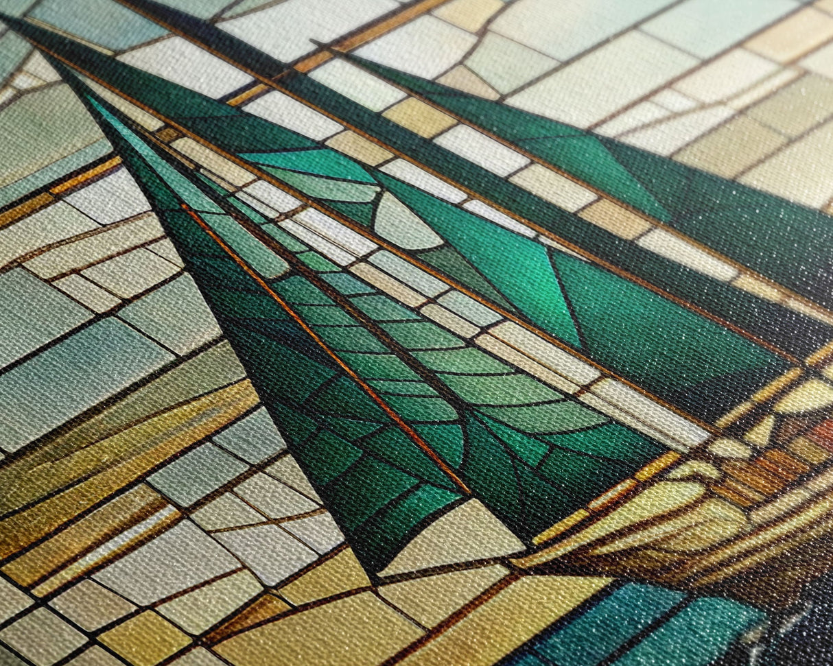 Panoramic Art Deco Sail Boat, Stained Glass, Early 20s Style Art, Roarin' 20s Art, Nautical Theme Framed Canvas Print, Extra Large Art