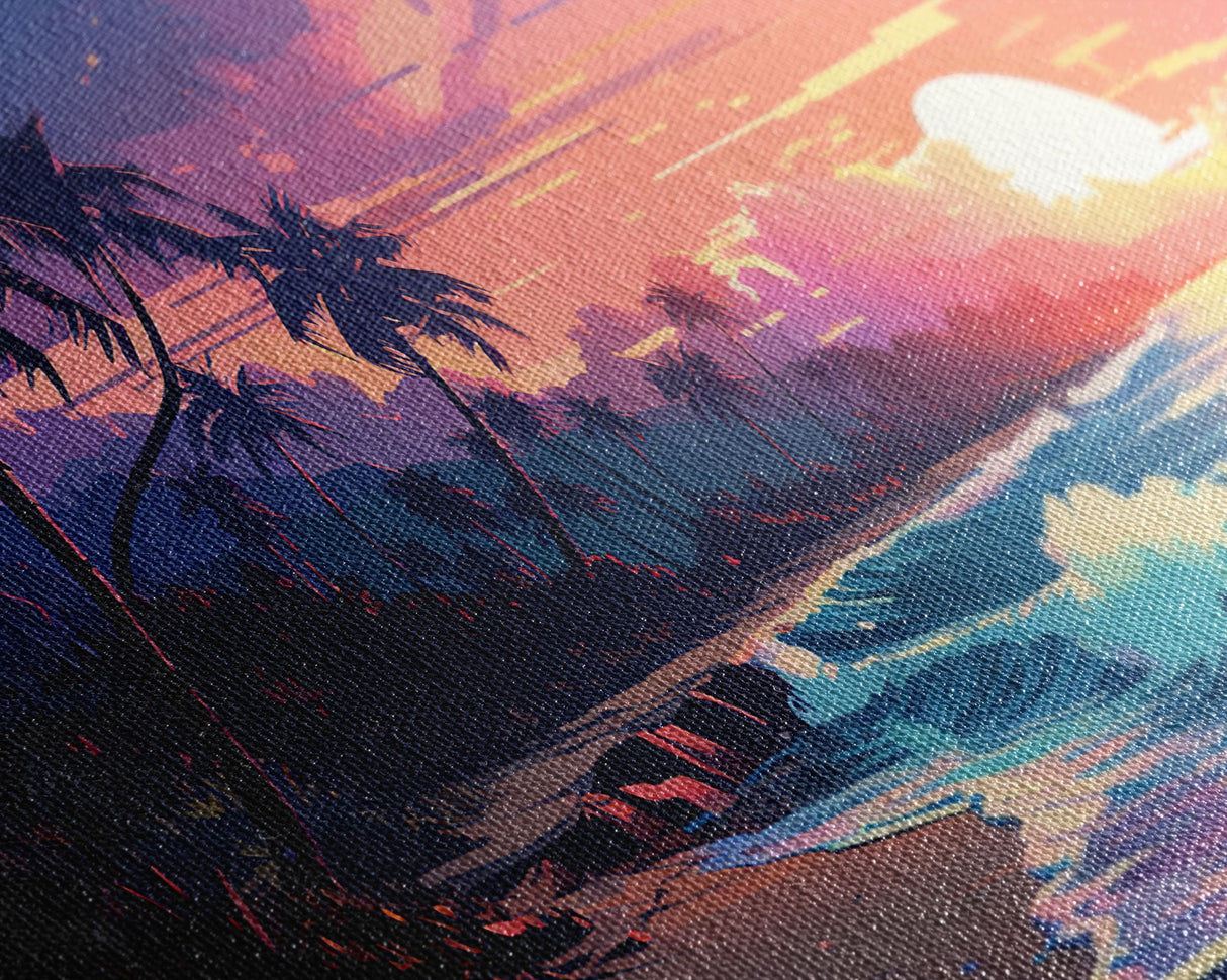 Outrun Vibes, Sunset Over The City and Beach, Palm Tree Decor, Game Room Art, Aesthetic Posters, Retro Art, 80s Vibes, 80s Art