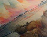 Watercolor Landscape Painting Print, Ready To Hang Panoramic Canvas Print, Whimsical Water Color Sunset, Hazy Smoky Sky