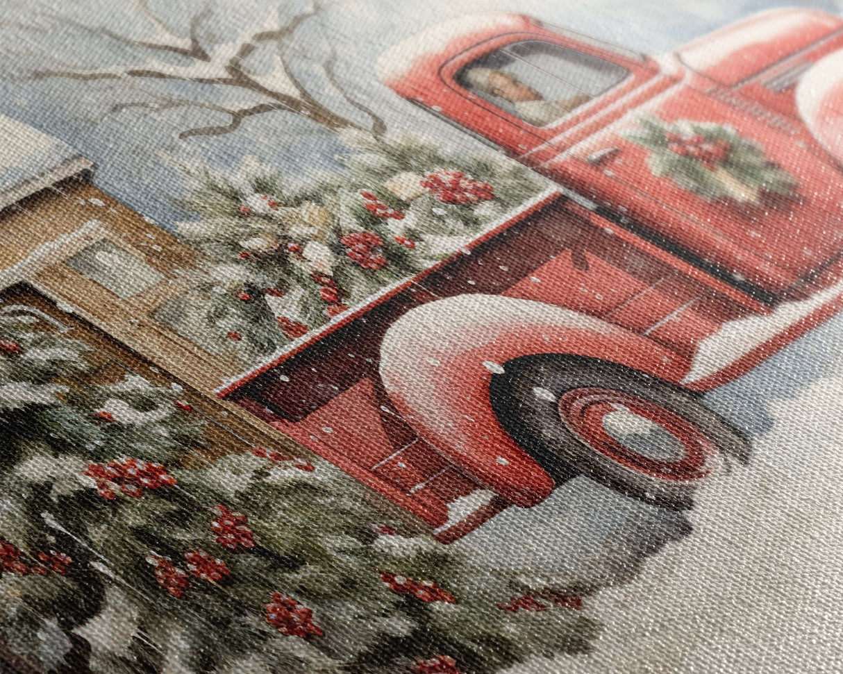 Christmas Tree Delivery - Retro Farmhouse Christmas Decor - Old Red Truck Delivering Christmas Trees - Framed Canvas Print - Holiday Decor