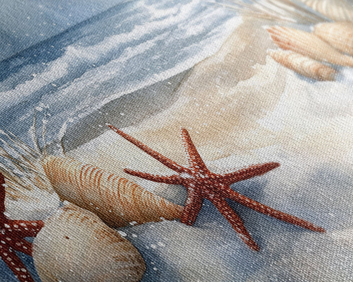 Snow-Covered Beach with Shells and Starfish, Framed Canvas Print, Coastal Holiday Decor, Nautical Christmas Art, Beach Christmas Art Gift