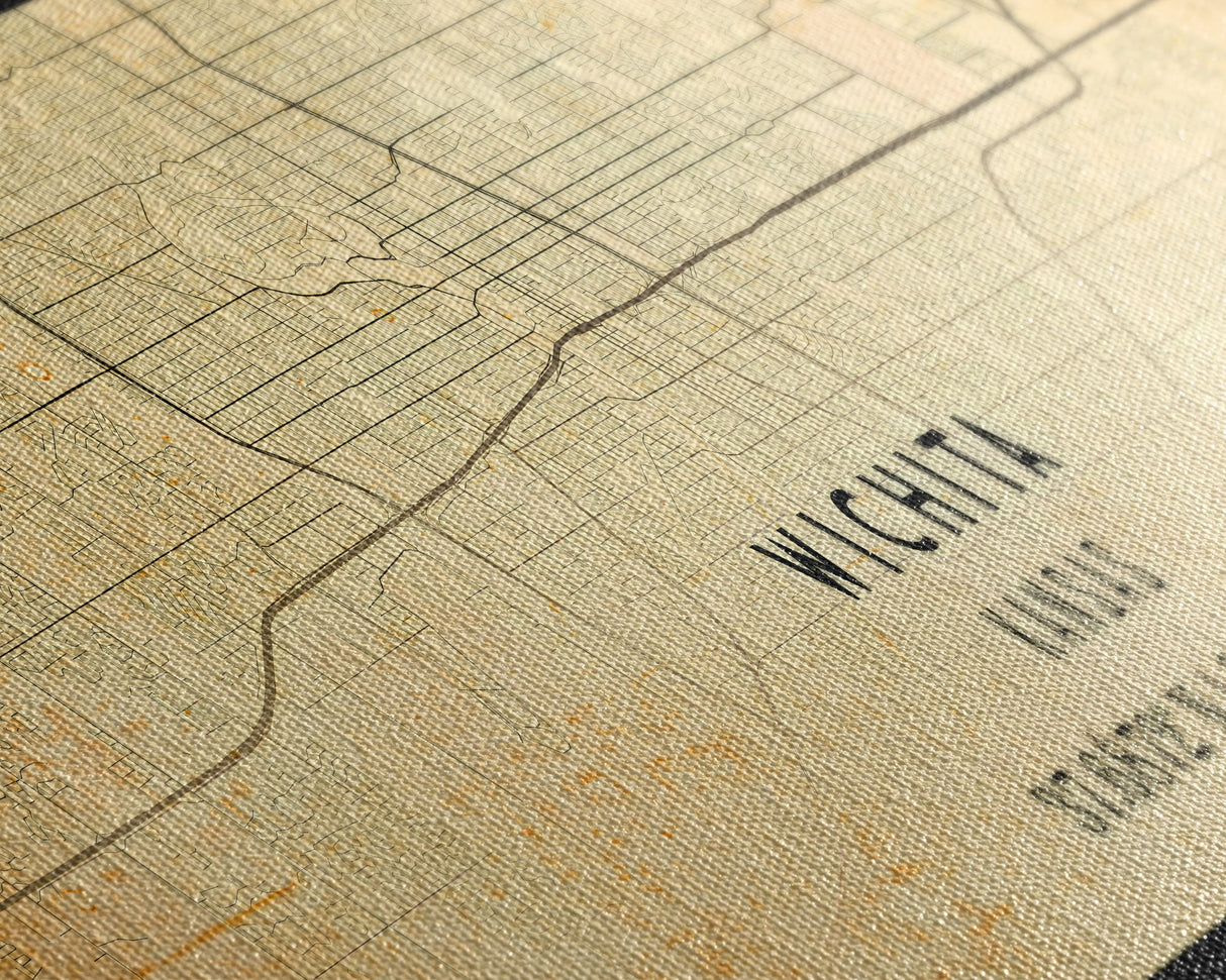 Panoramic Vintage Wichita Kansas map print poster or framed canvas, map print poster canvas, Wichita city map print canvas, Travel Art