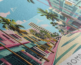 Pompano Beach Florida Panoramic Painting, Mid Century Modern Framed Canvas Print, Retro Pop Art Travel Poster, City Art, Office Wall Decor, Living Room Art