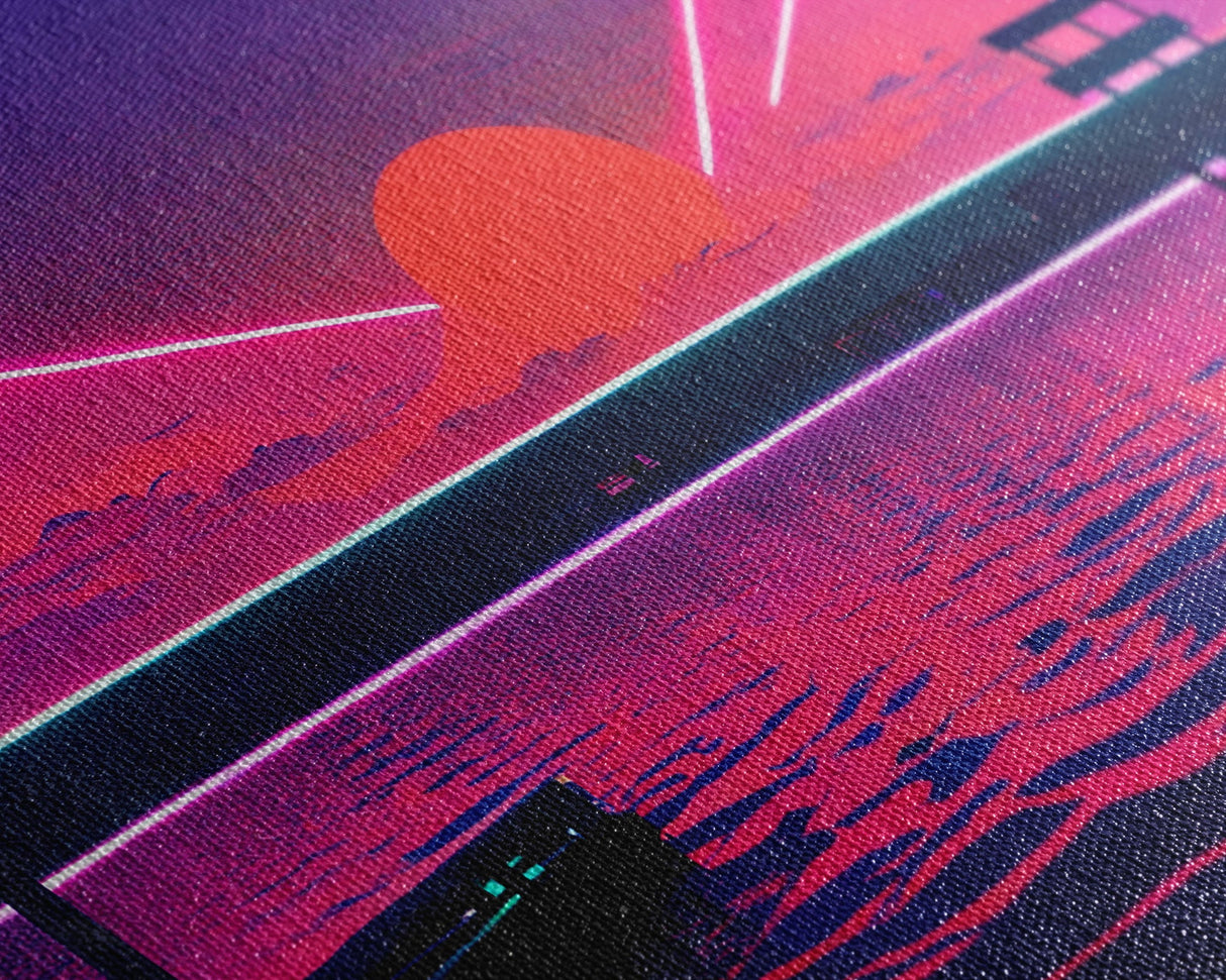 Outrun Style Abstract Wall Art | Framed Canvas Print | Framed Art | Unique Wall Decor | Centerpiece Art | Large Art | Synthwave Retro Art