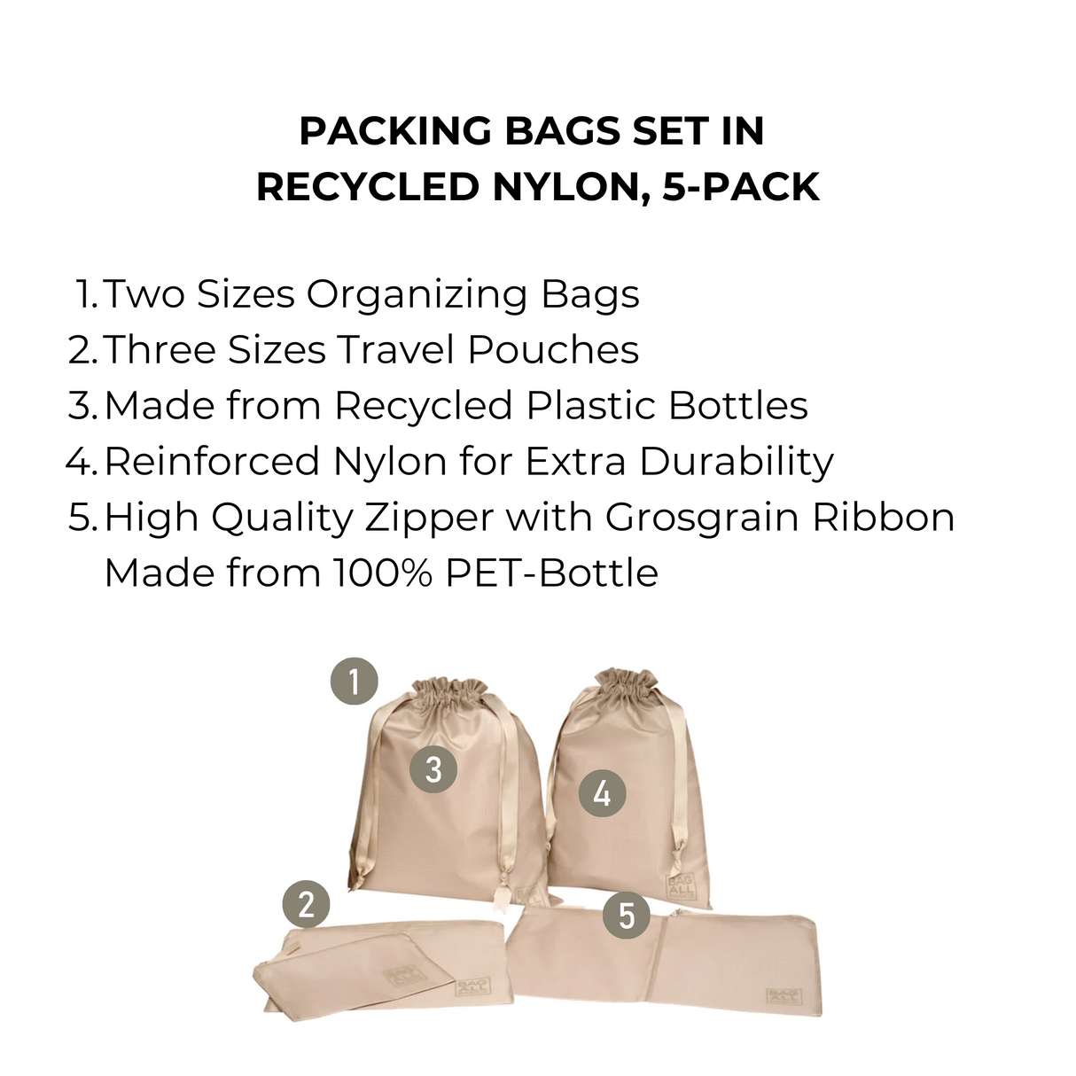 Packing Bags Set in Recycled Nylon, 5-pack, Taupe