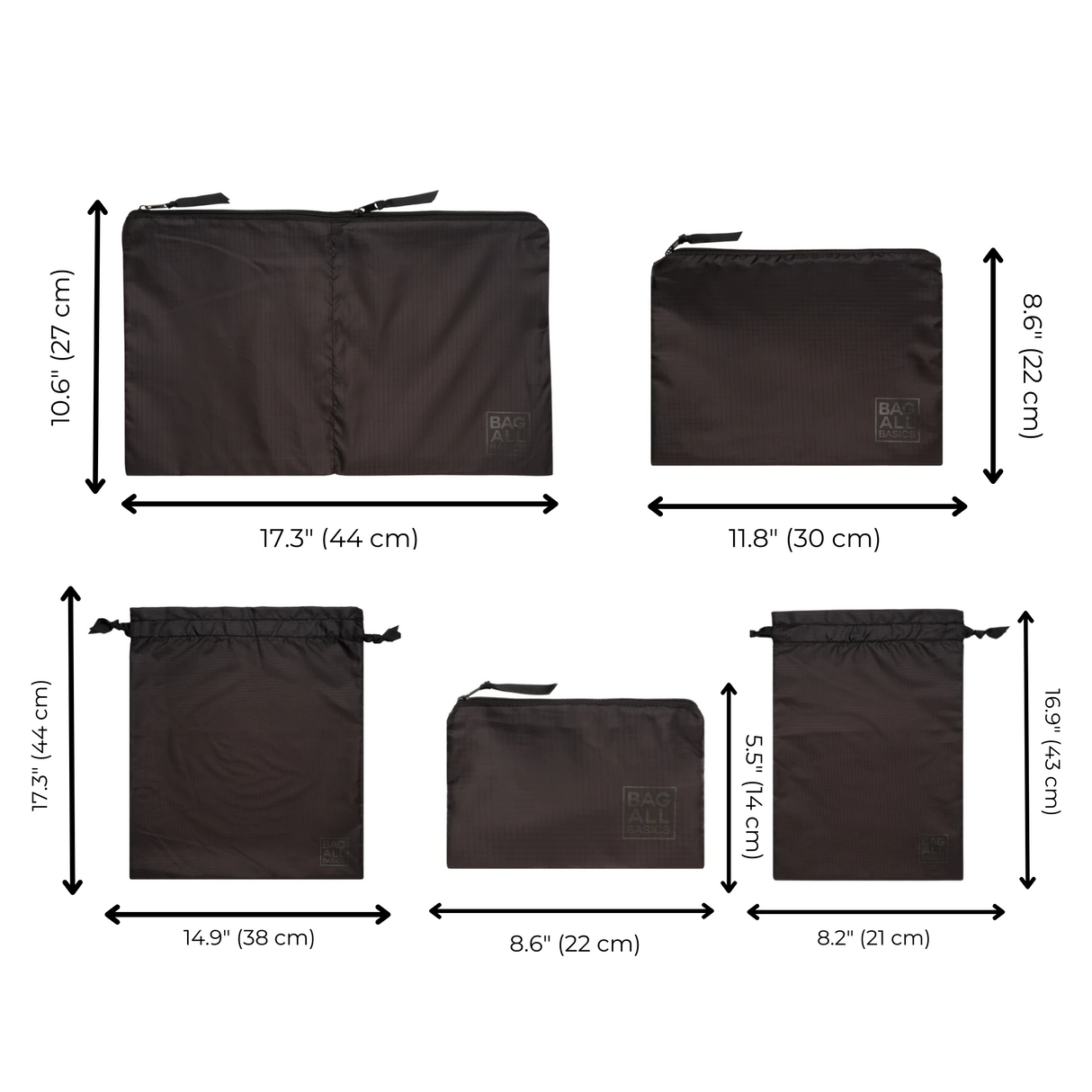 Packing Bags Set in Recycled Nylon, 5-pack, Black