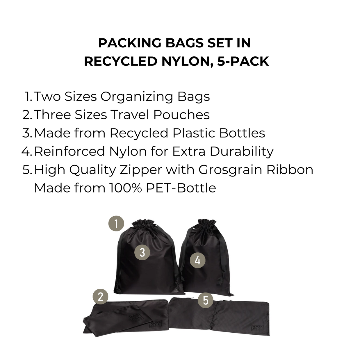 Packing Bags Set in Recycled Nylon, 5-pack, Black