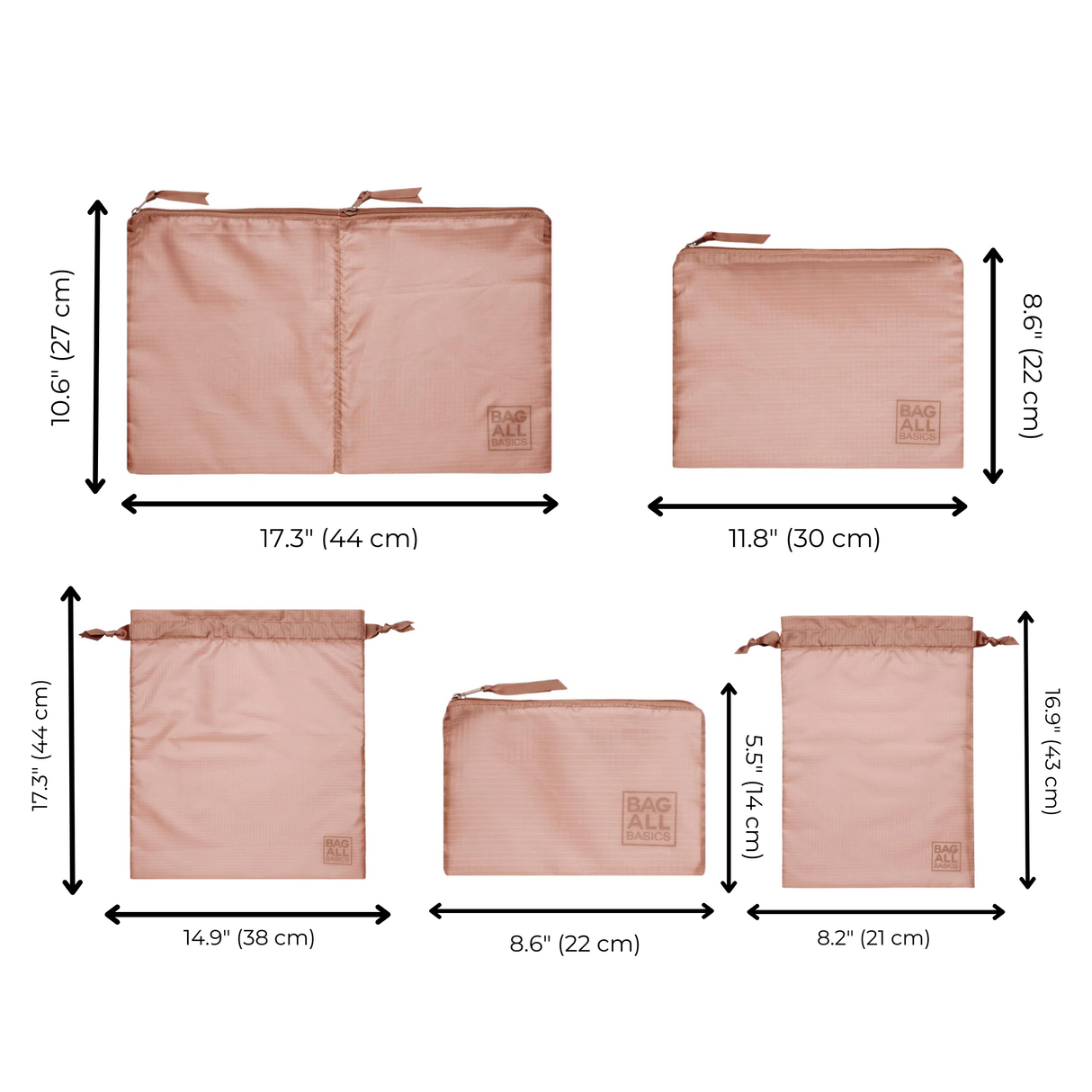 Packing Bags Set in Recycled Nylon, 5-pack, Pink/Blush