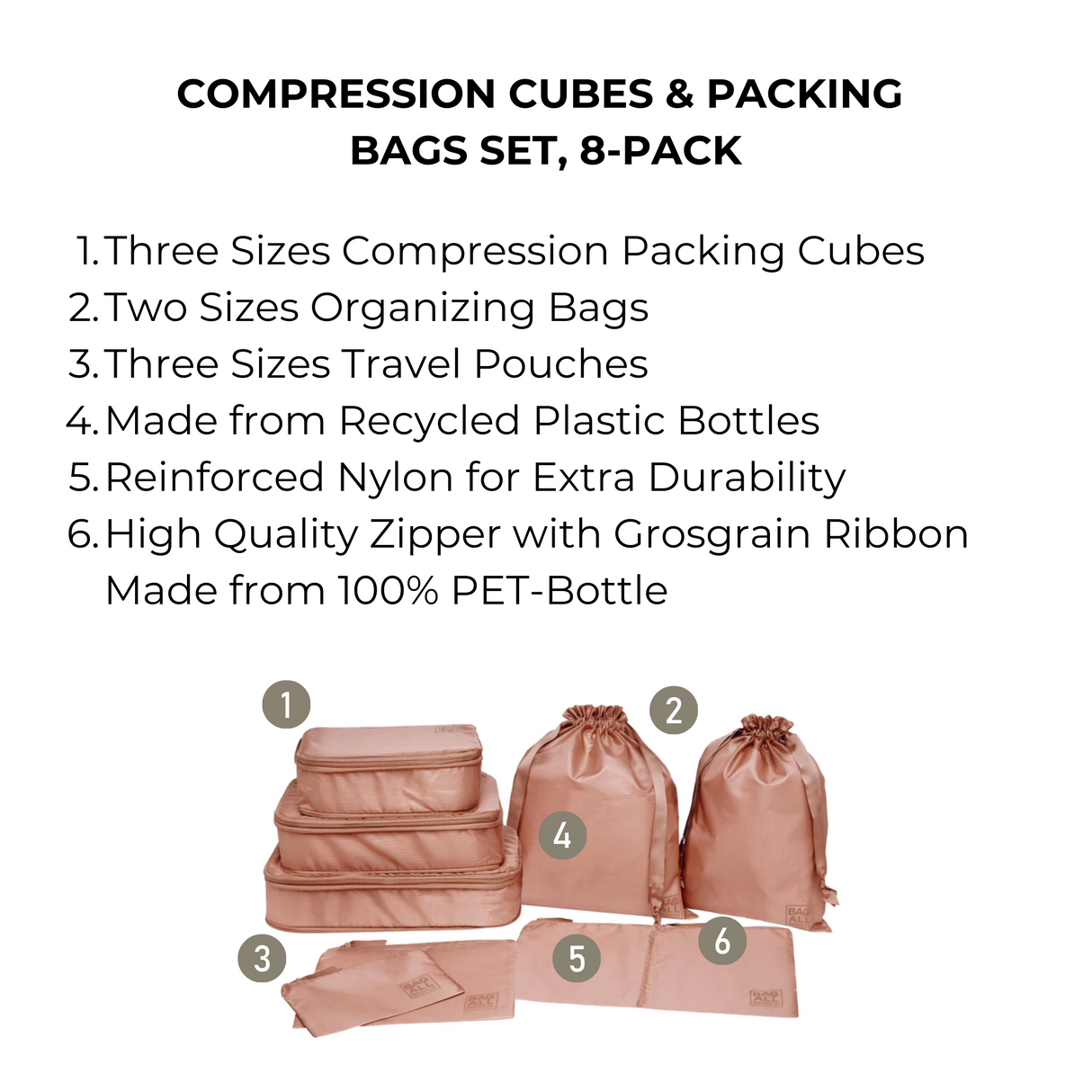 Compression Cubes & Packing Bags Set, 8-pack, Pink/Blush