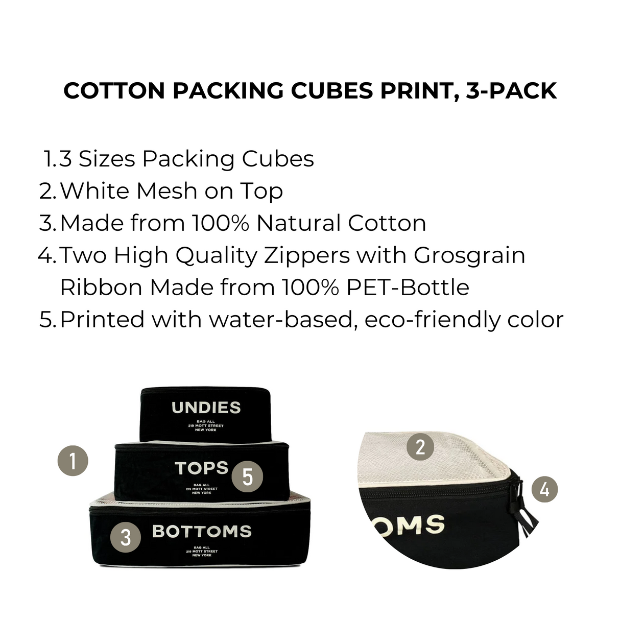 Cotton Packing Cubes, Print, 3-pack Black