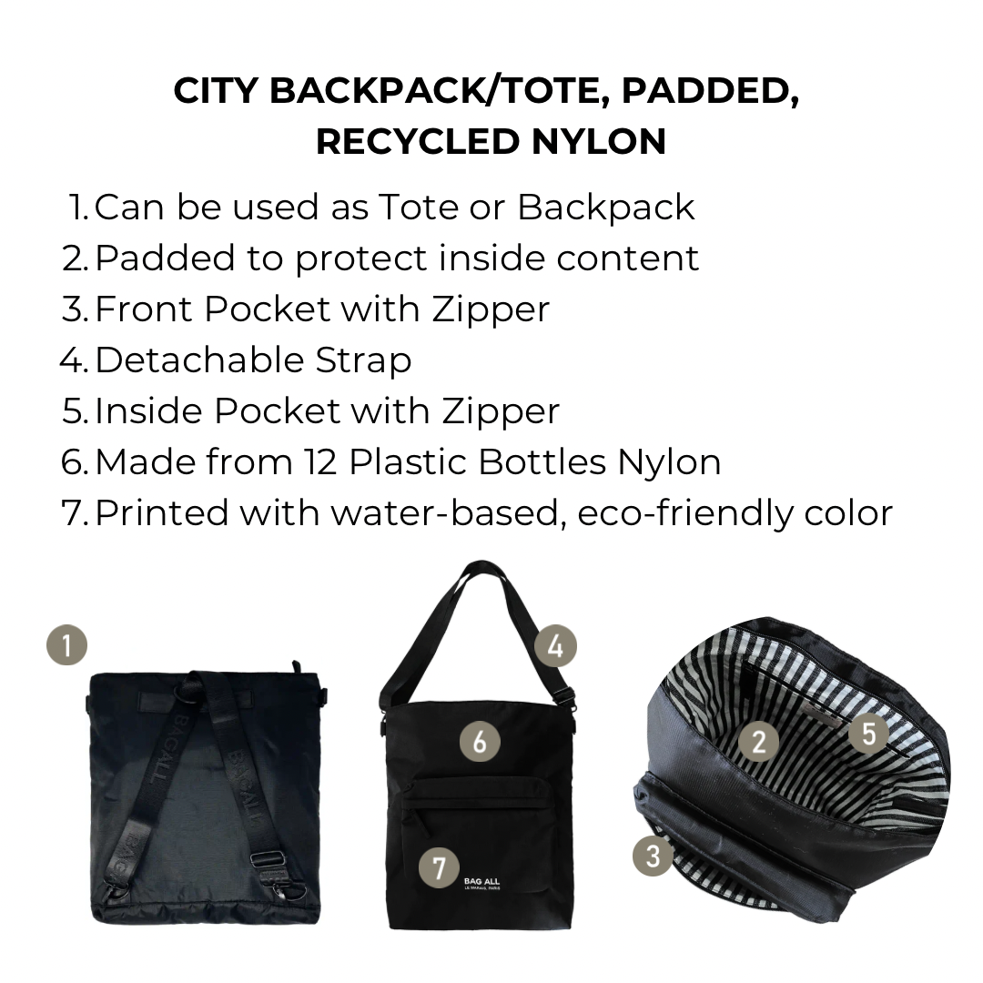 City Backpack/Tote, Padded, Recycled Nylon, Black, New York