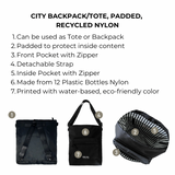 City Backpack/Tote, Padded, Recycled Nylon, Black, New York