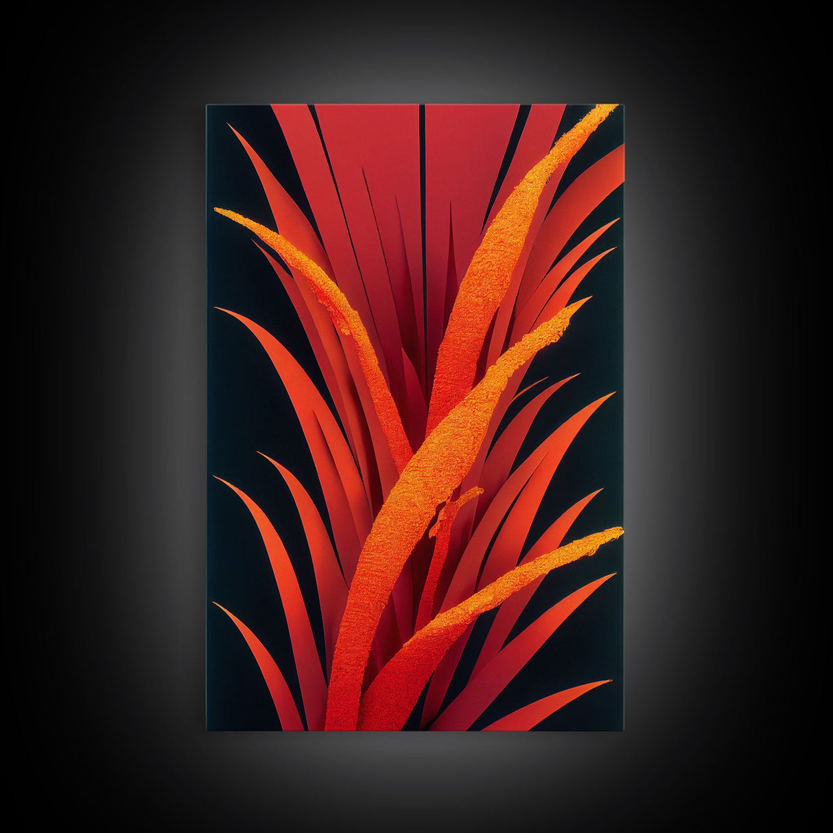 Red Ferns On A Black Background, Abstract Art, Framed Canvas Print, Ready To Hang Framed Wall Art, Living Room Wall Hanging