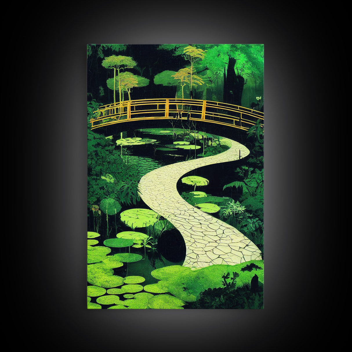 Emerald green Japanese zen garden art, framed canvas print, abstract art