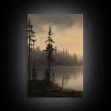 Moody 3 Piece Canvas Wall Art, Solumn PNW Lake At Sunset, Framed Canvas Print 3 Panel Set, Original Landscape Painting, Pacific Northwest