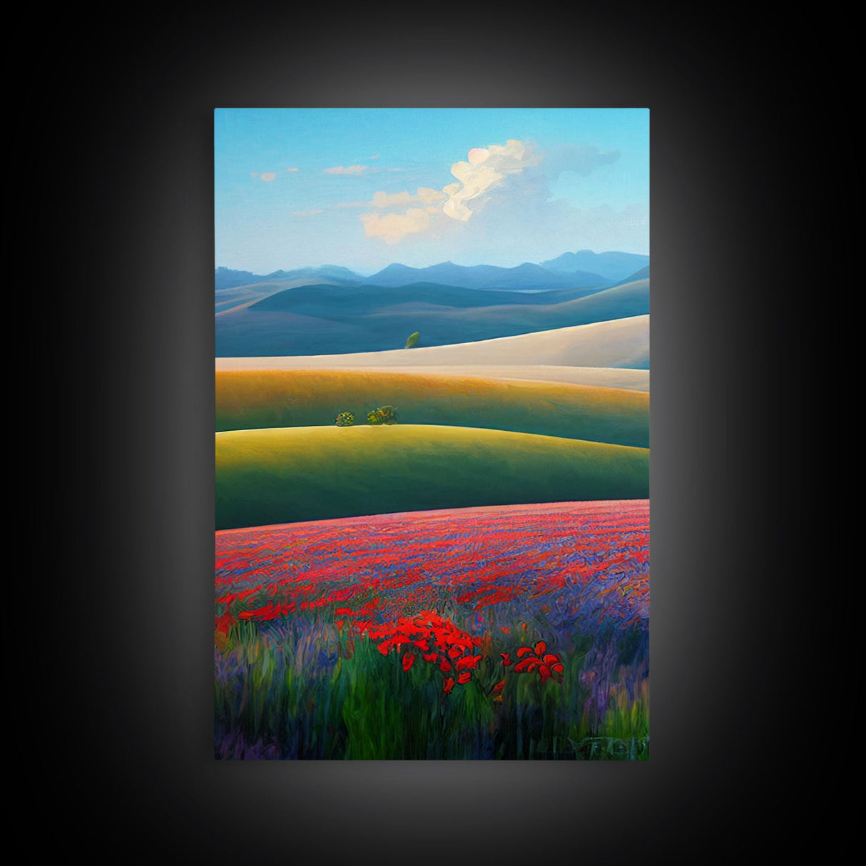 Colorful rolling hills, flower fields, landscape art,  3 piece wall art, 3 piece canvas, cool centerpiece living room wall art