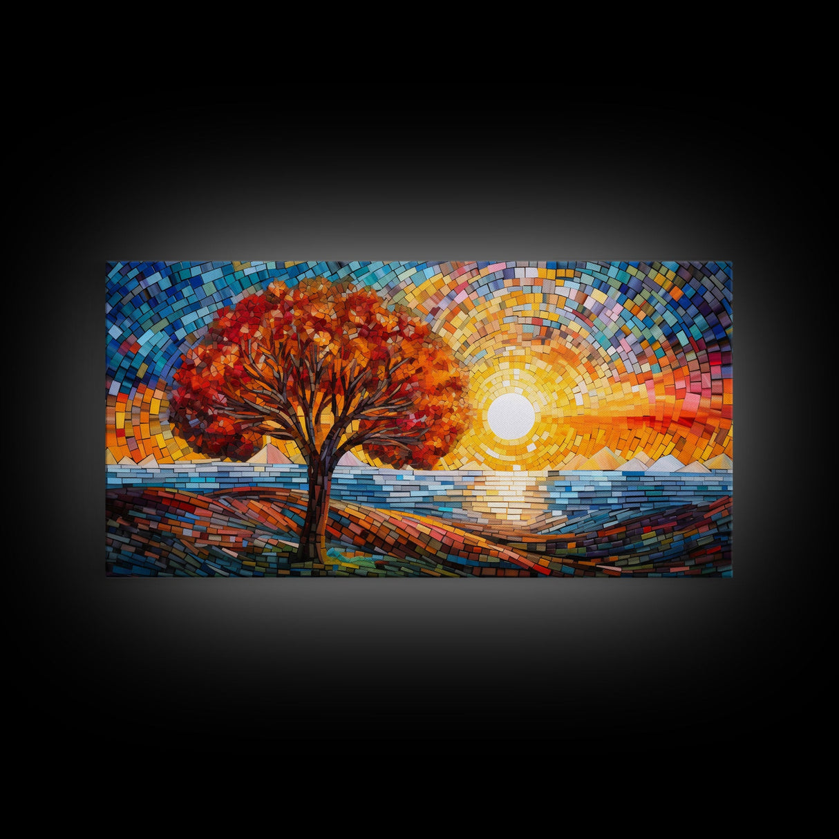 Sunset, Lake Art, Mosaic Wall Art, Abstract Wall Print, Canvas Print, Wall Hanging, Panoramic Art, Bedroom Teen Girl Art, Gifts For Grandma