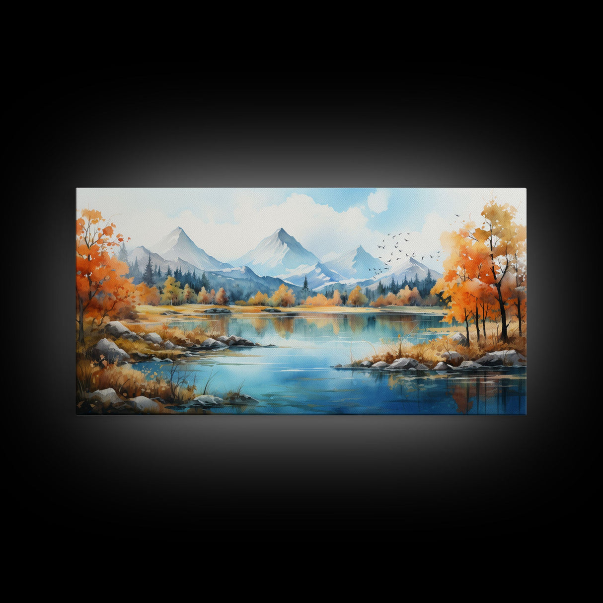 Panoramic Gold Brown Mountain Valley Watercolor Art Print On Canvas, Misty Rolling Hills Landscape Painting, Extra Large  Wall Art