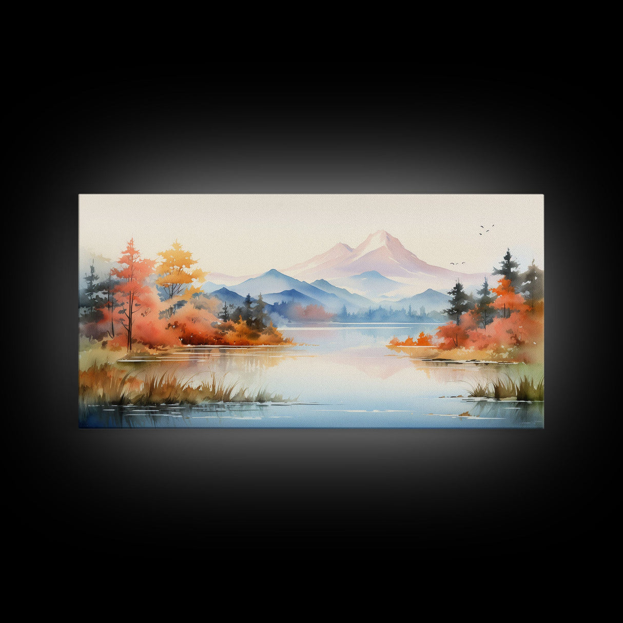 Lake Art. Mountains Wall Art, Fall Art, Nature Art, Watercolor Wall Art, Canvas Print, Wall Hanging, Panoramic Art, Farmhouse Wall Art