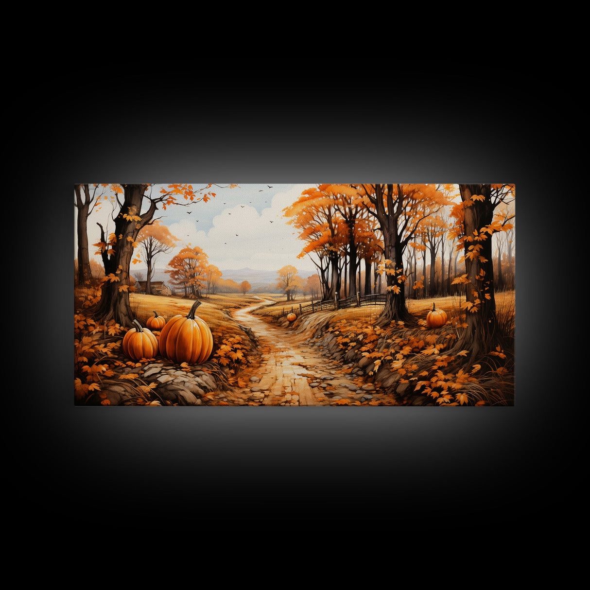 Pumpkin Wall Art, Fall Wall Decor, Nature Art, Trees Art, Canvas Print, Wall Hanging, Panoramic Art, Country Home Decor, Office Prints