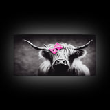 Cute Highland cattle canvas, wall art, Farmhouse decor, Cow Black White print Rustic wall decor Animals painting Scottish cow wall art