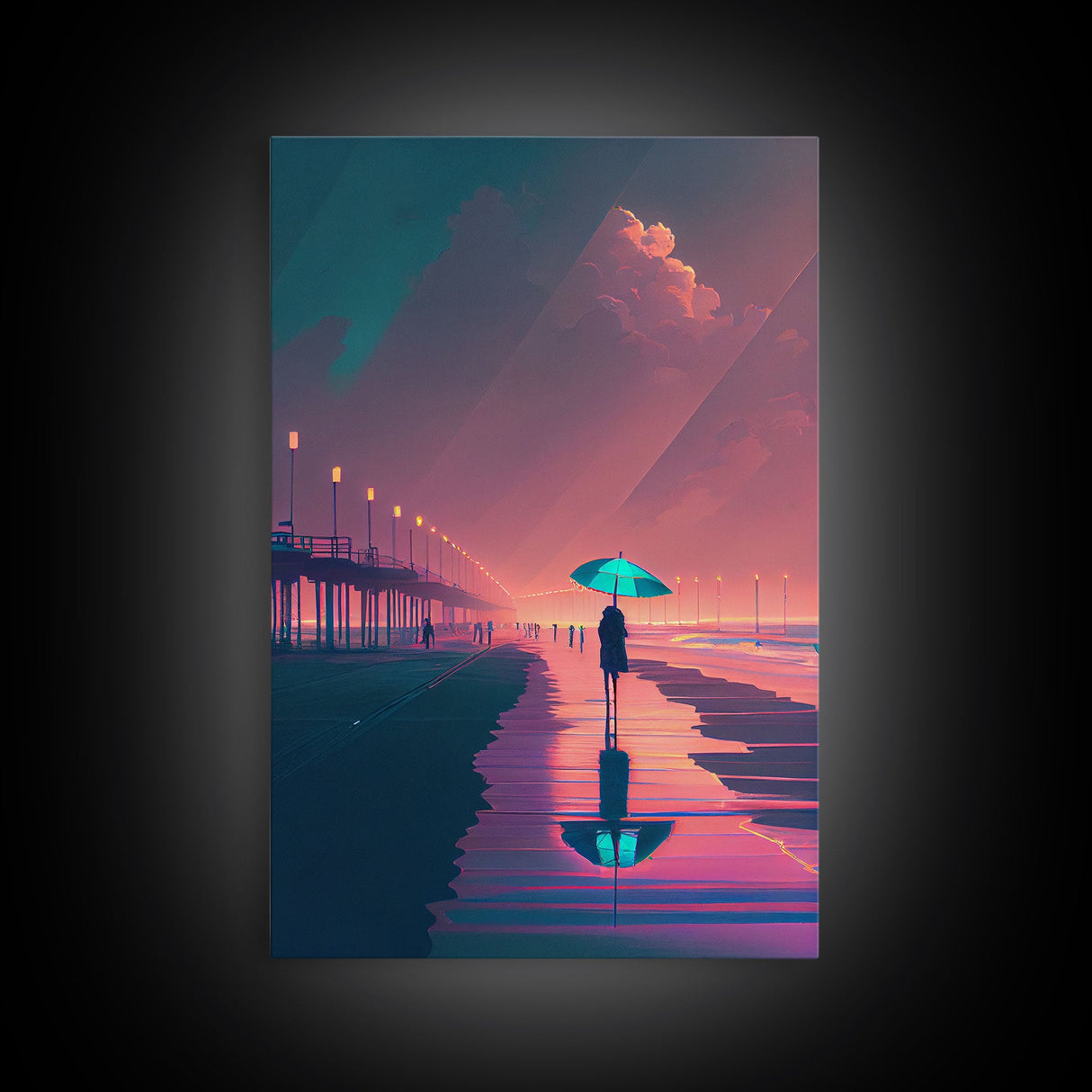 Synthwave Art, Neon / Pastel Beach Boardwalk, framed canvas print, vintage 80s style art