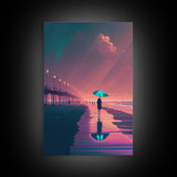 Synthwave Art, Neon / Pastel Beach Boardwalk, framed canvas print, vintage 80s style art