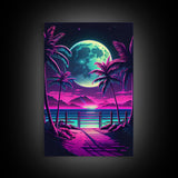 Full Moon over a Florida Beach, Palm Trees, Outrun Style Beach Landscape art, framed canvas Print