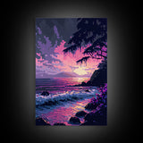 Pink Sunset, Vaporwave Aesthetic pixel art beach sunset, framed canvas print