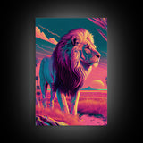 Retro style pastel art, watercolor painting of a lion, framed canvas print, vaporwave aesthetic animal print