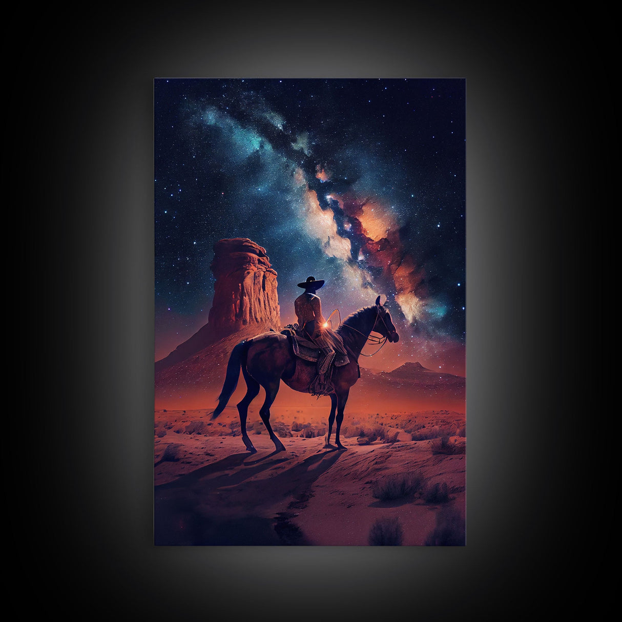 Cowboy contemplating the stars, framed canvas print, wild west art, western decor